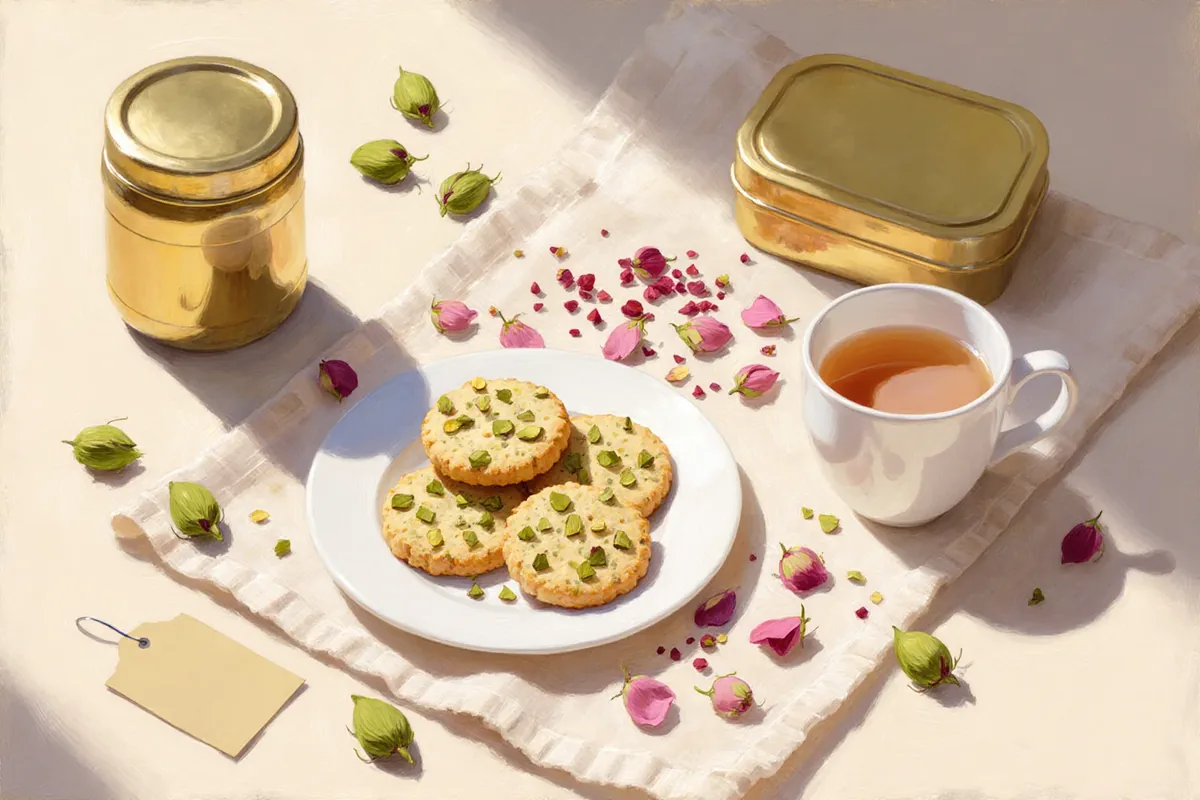 Rose-and-pistachio shortbread on a white plate beside a cup of cardamom tea, scattered with rose petals and cardamom pods