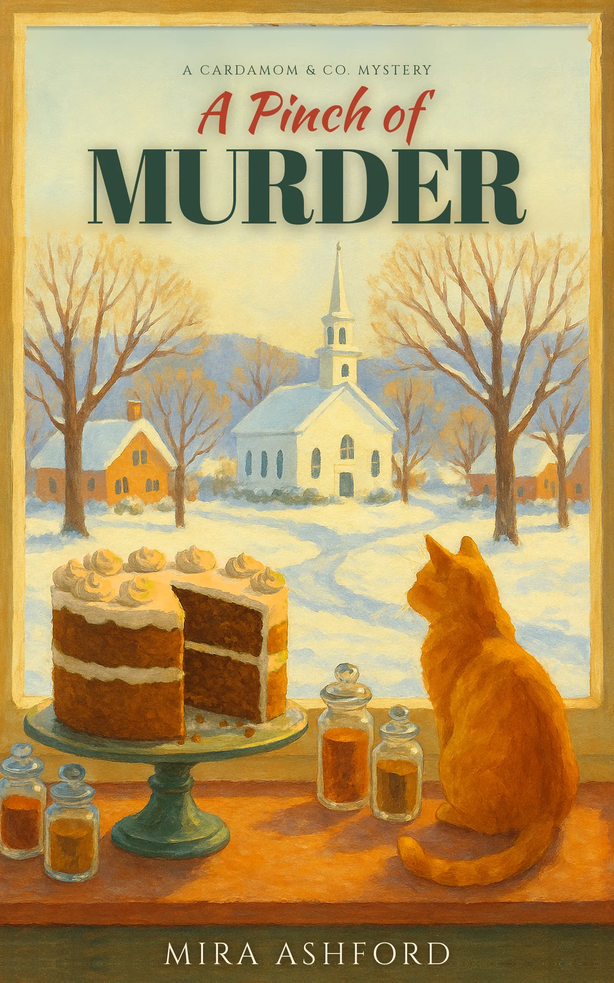 Cover of A Pinch of Murder: through a shop window, a saffron-frosted cake, glass spice jars and an orange tabby cat look out on a snowy Vermont green with a white church steeple