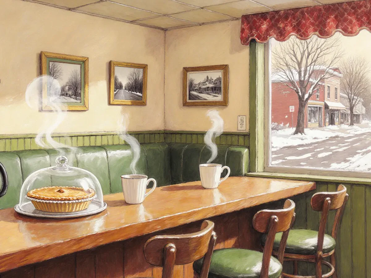 A small Vermont diner in the morning: a wooden counter with green stools, a pie under a glass dome, two steaming mugs, a corner booth and a window onto a snowy street