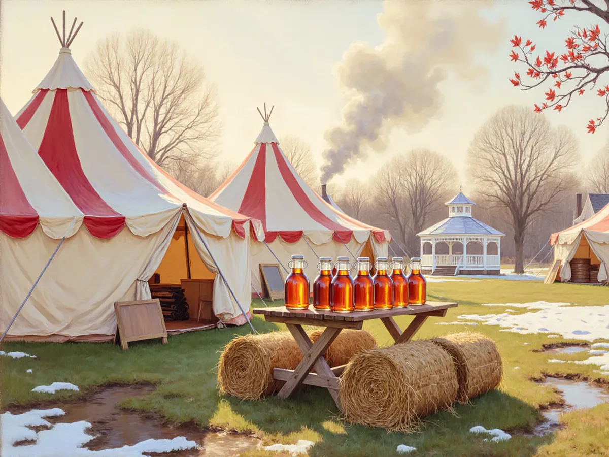 Early morning on the town green before the festival opens: striped linen tents, hay bales, bottles of amber maple syrup on a trestle table, woodsmoke, patches of melting snow and a white bandstand beyond