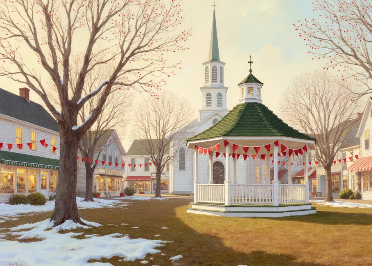 The town green in late March: melting snow, bare maples in first bud, a white bandstand hung with red-and-white bunting, a church steeple behind