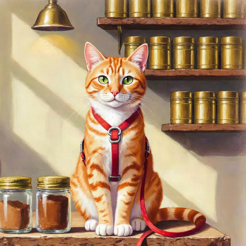 An orange tabby cat in a red harness and lead sitting upright on a wooden shop counter beside two glass jars