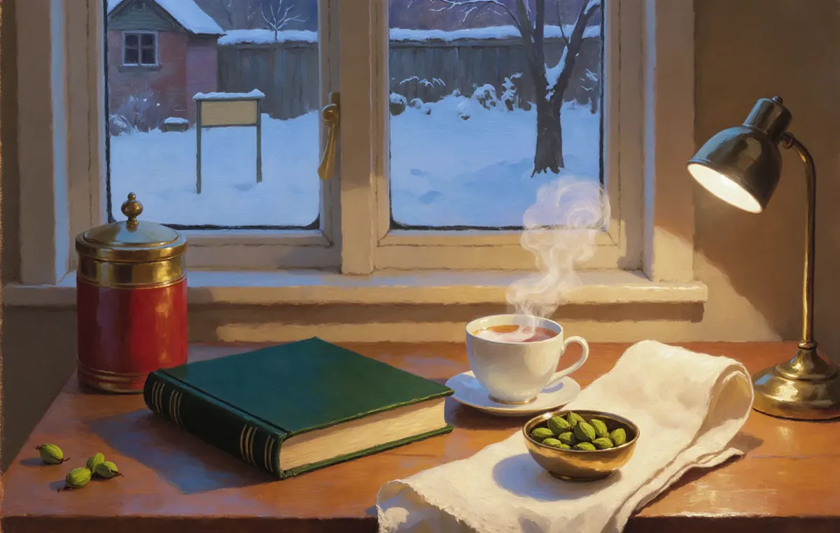 A cup of milky tea, a closed green cloth-bound book and a small brass bowl of cardamom pods on a table by a window at dusk, snow in the garden outside