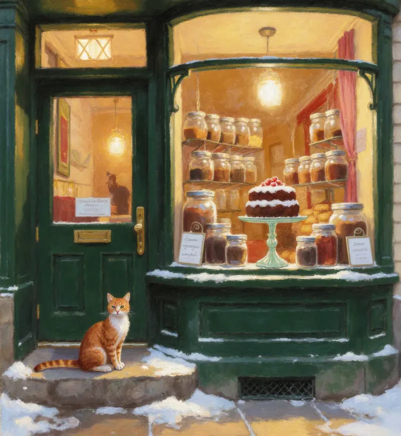 A spice and pastry shop window at dusk: a cake on a stand, rows of glass jars, an orange cat on the step